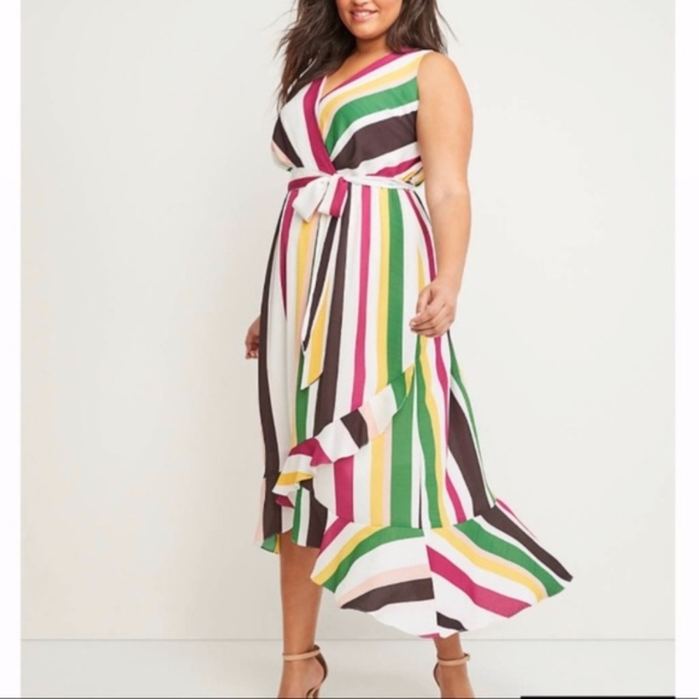 Lane Bryant Multicolor Striped Ruffle Faux Wrap Midi Dress (Size 28)